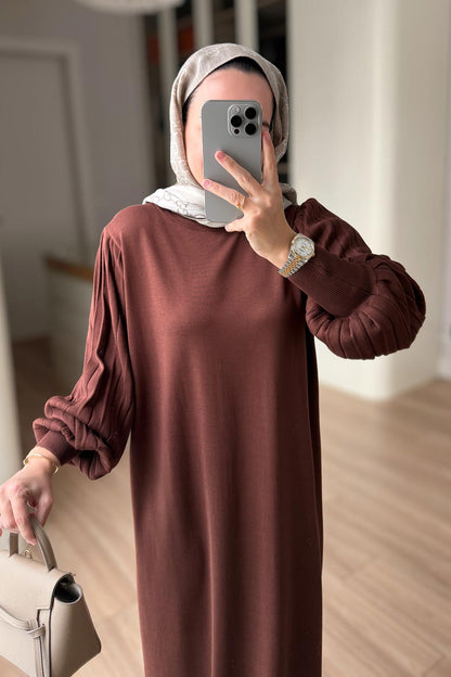 Balloon Sleeve Mercerized Dress - Brown