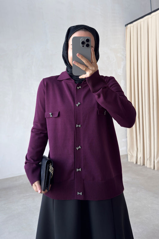 Brooch Detail Mercerized Cardigan - Plum