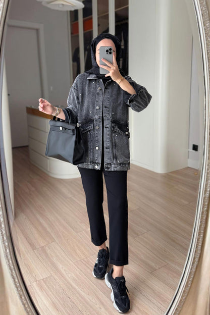 Denim Jacket with Double Pocket Stones - Anthracite