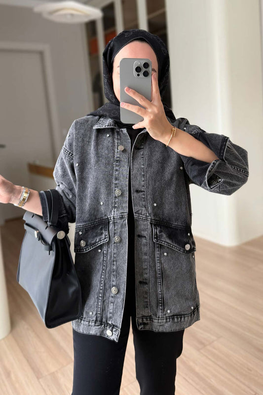 Denim Jacket with Double Pocket Stones - Anthracite