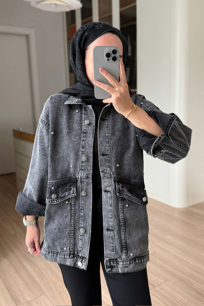 Denim Jacket with Double Pocket Stones - Anthracite