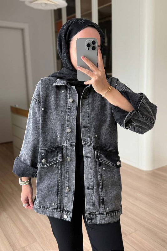 Denim Jacket with Double Pocket Stones - Anthracite