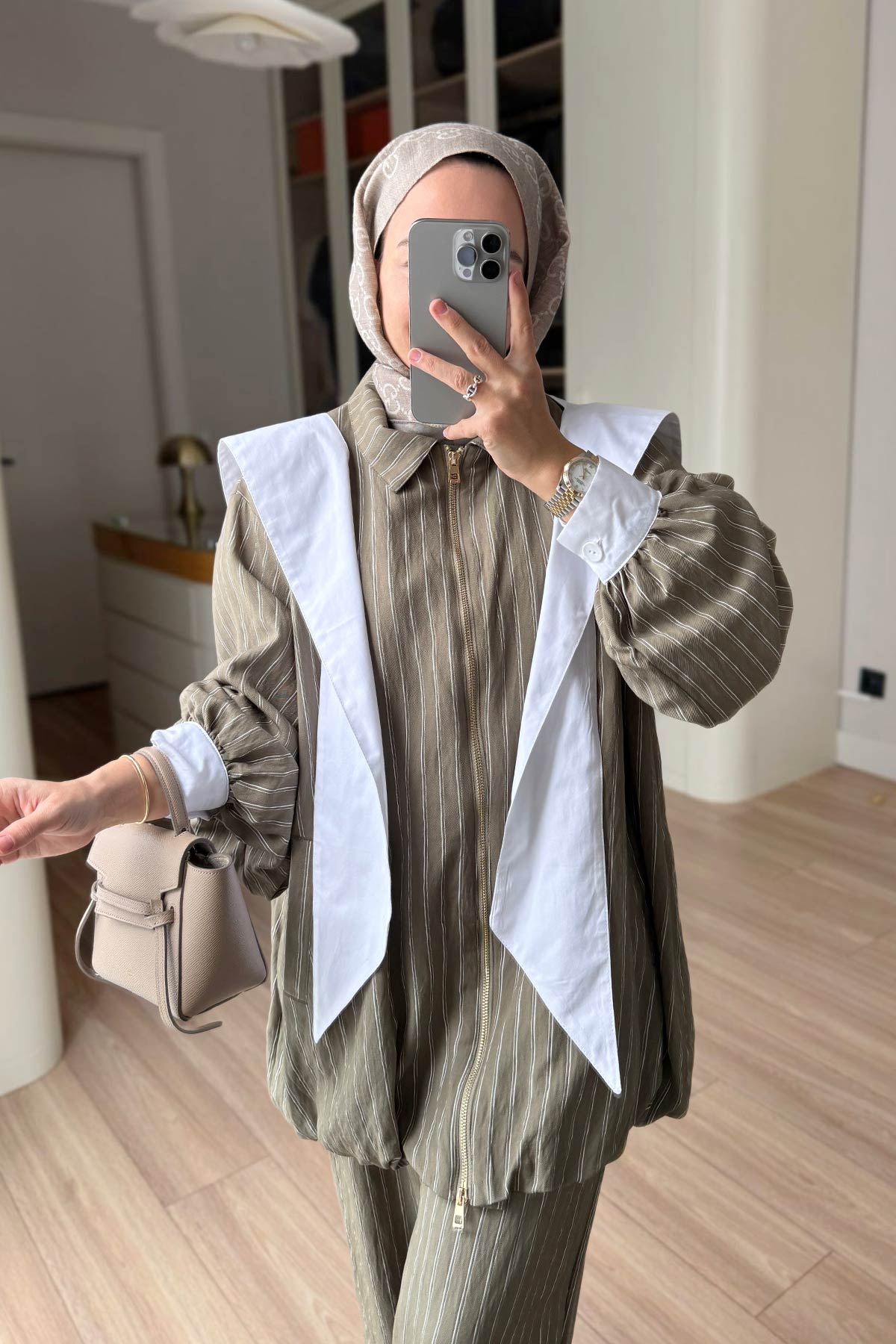 Striped Suit with Scarf Detail - Khaki