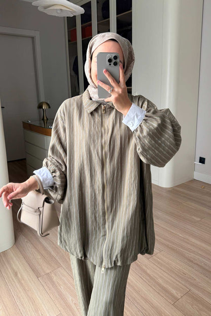 Striped Suit with Scarf Detail - Khaki