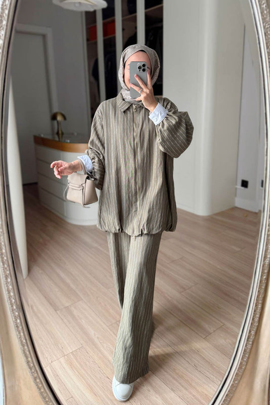 Striped Suit with Scarf Detail - Khaki