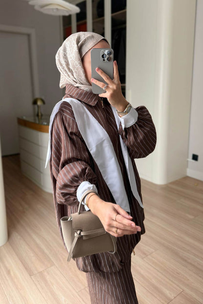 Striped Suit with Scarf Detail - Brown