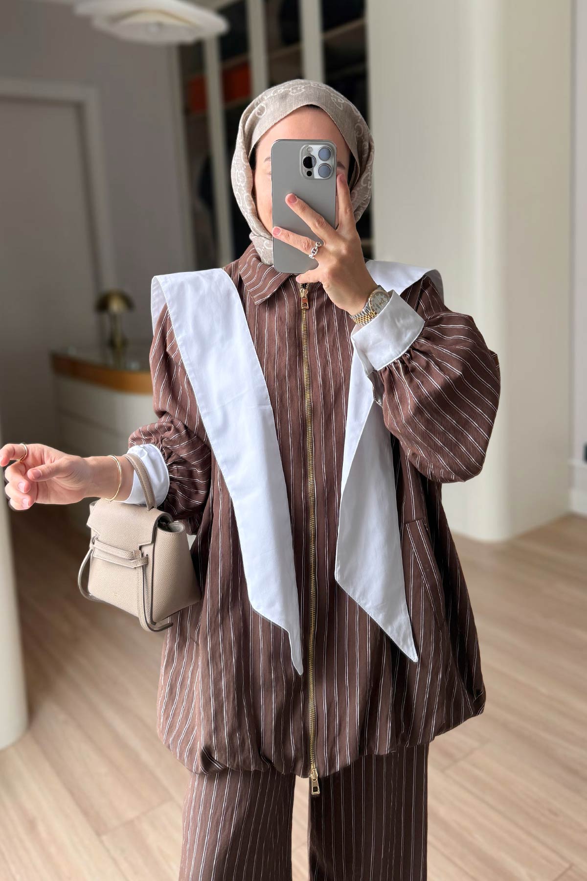 Striped Suit with Scarf Detail - Brown