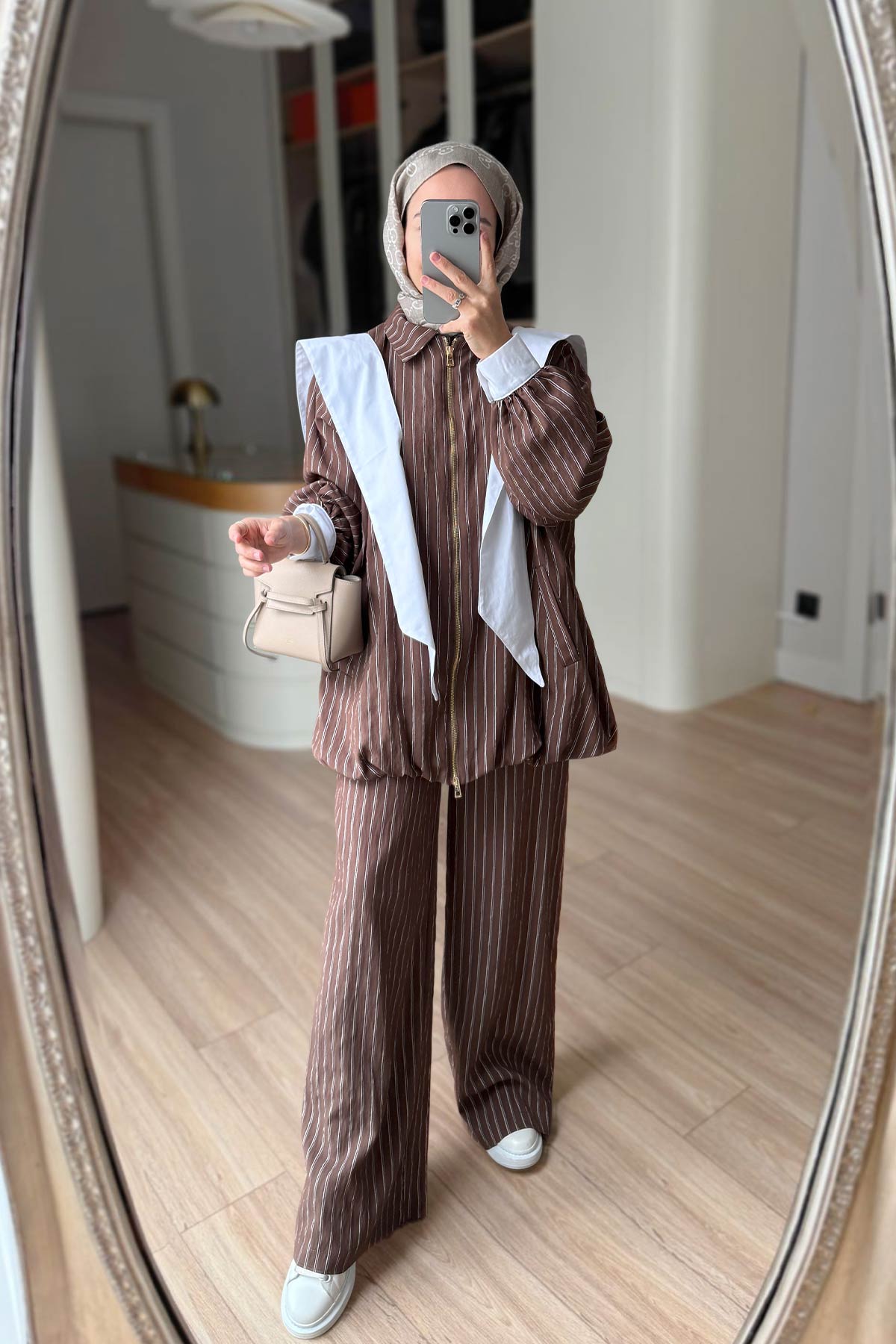 Striped Suit with Scarf Detail - Brown
