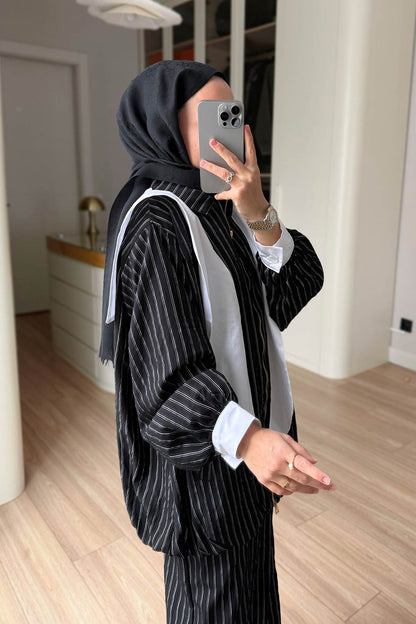 Striped Suit with Scarf Detail - Black