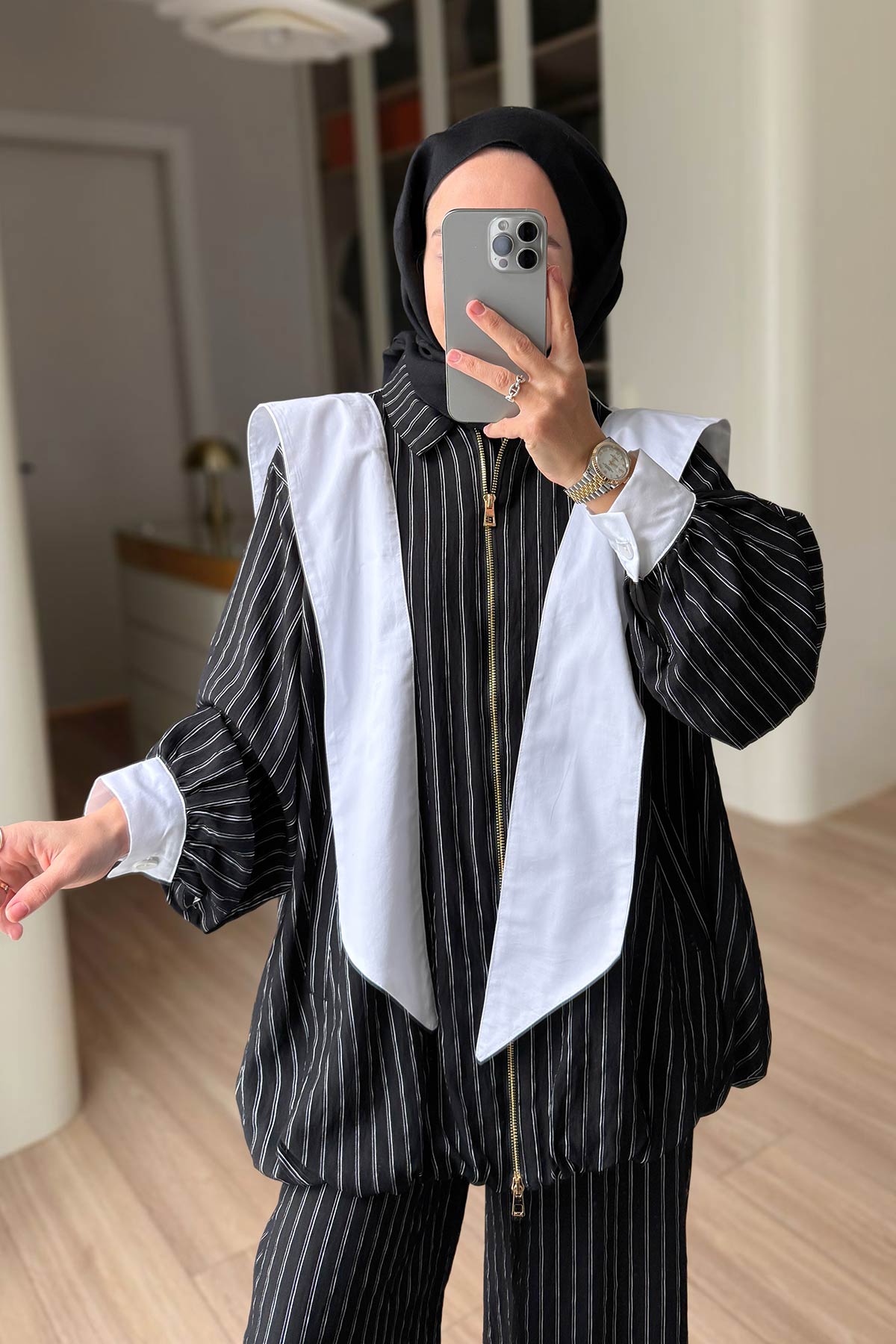 Striped Suit with Scarf Detail - Black