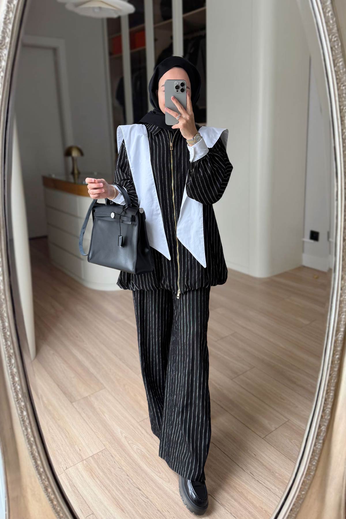 Striped Suit with Scarf Detail - Black