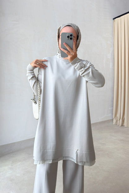 Mercerized Suit with Tulle Hem Detail - Stone