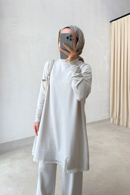 Mercerized Suit with Tulle Hem Detail - Stone