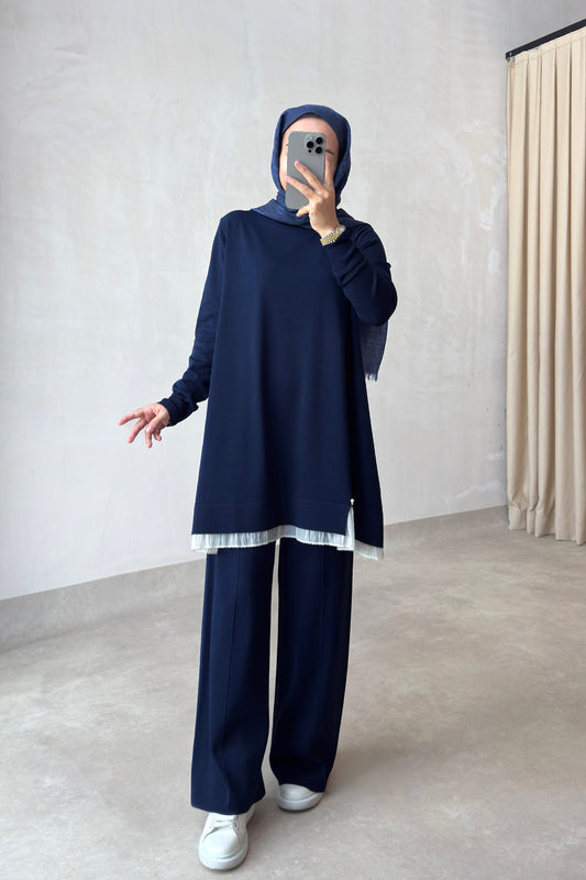 Mercerized Suit with Tulle Hem Detail - Navy