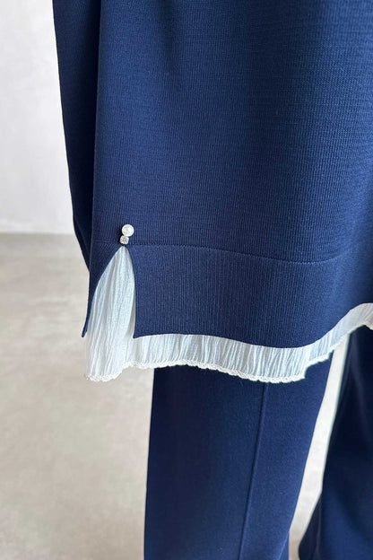 Mercerized Suit with Tulle Hem Detail - Navy