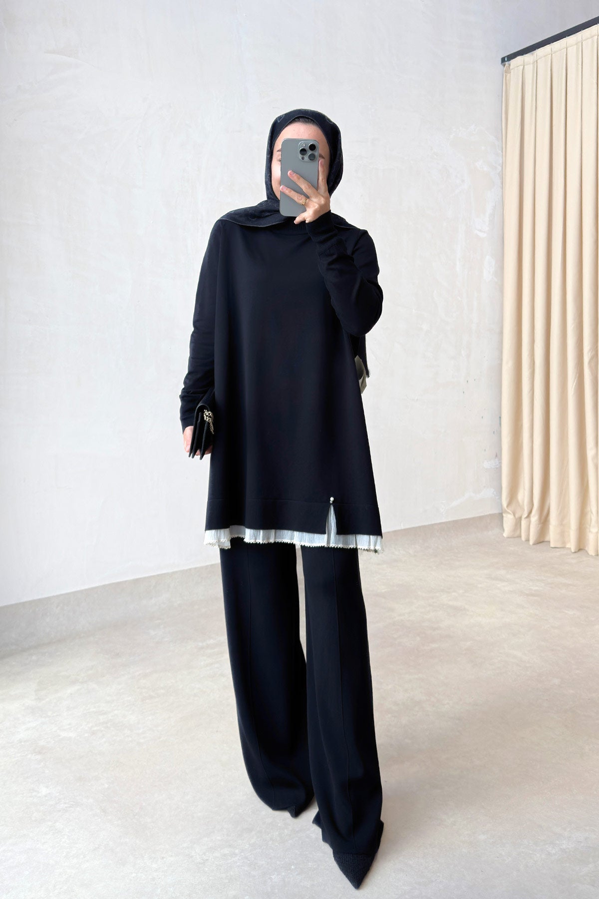 Mercerized Suit with Tulle Hem Detail - Black
