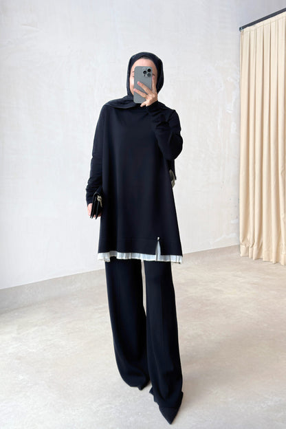 Mercerized Suit with Tulle Hem Detail - Black