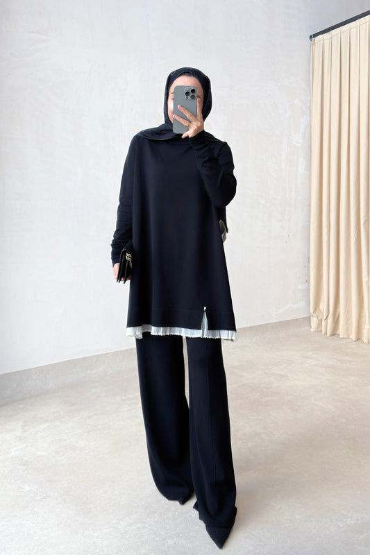 Mercerized Suit with Tulle Hem Detail - Black