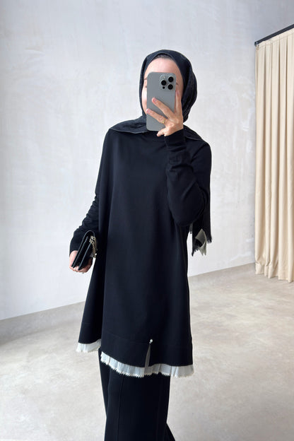 Mercerized Suit with Tulle Hem Detail - Black