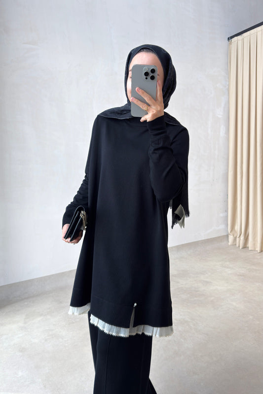 Mercerized Suit with Tulle Hem Detail - Black
