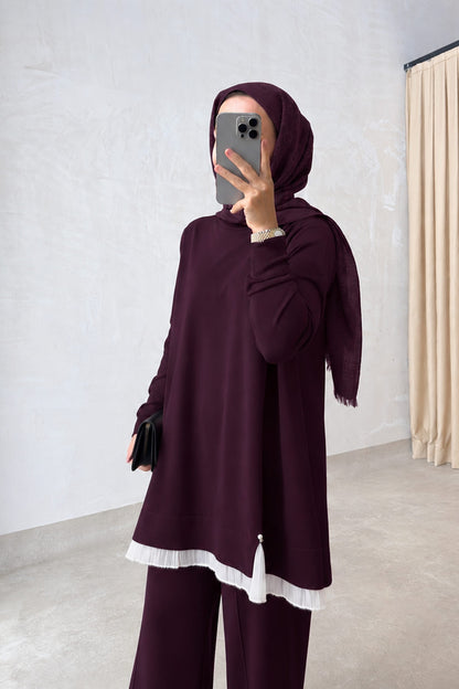Mercerized Suit with Tulle Hem Detail - Plum