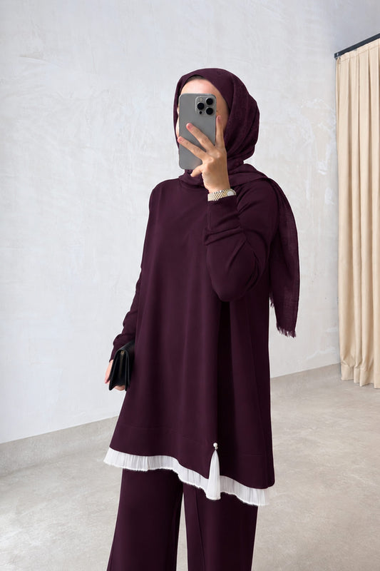 Mercerized Suit with Tulle Hem Detail - Plum