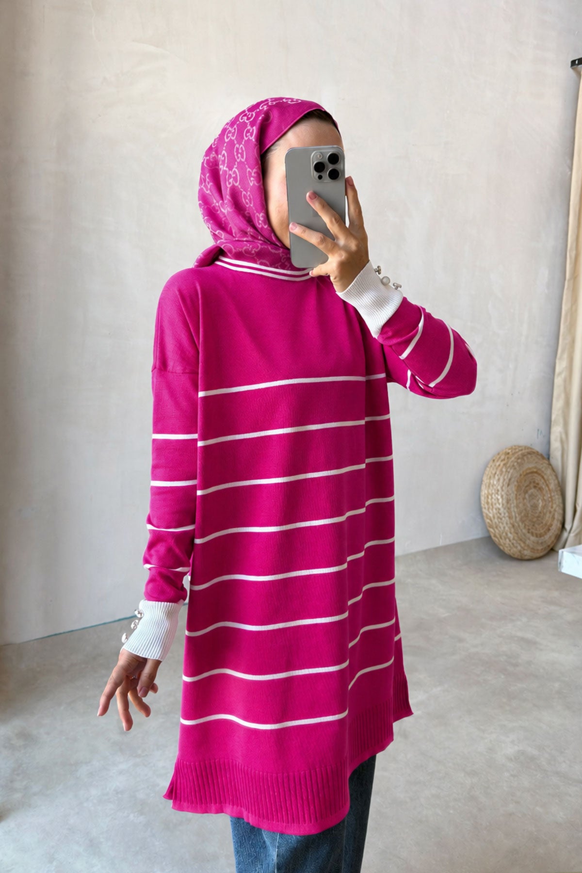Bicycle Collar Striped Mercerized Tunic - Fuchsia