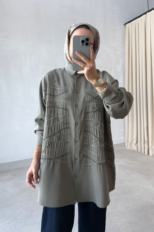 Oversized Shirt with Geometric Embroidery - Khaki