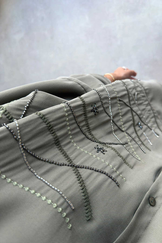Oversized Shirt with Geometric Embroidery - Khaki