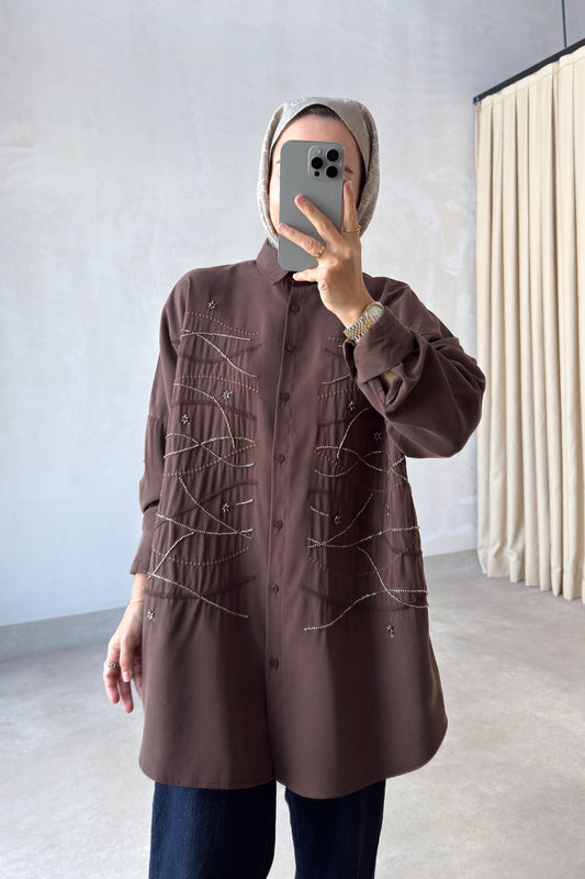 Oversized Shirt with Geometric Embroidery - Brown