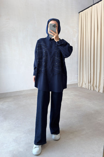 Oversized Shirt with Geometric Embroidery - Navy