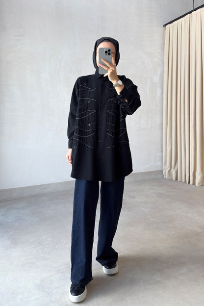 Oversized Shirt with Geometric Embroidery - Black