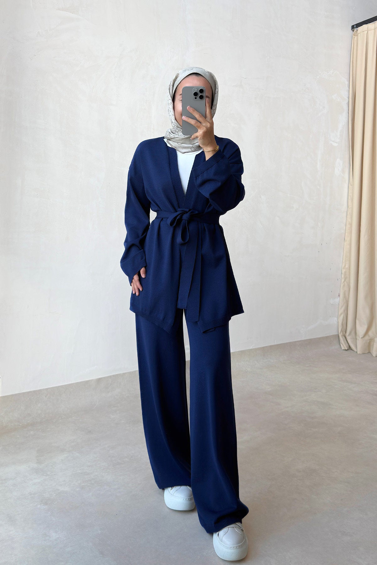Premium Rayon Two-Piece Suit with Cardigan - Navy Blue