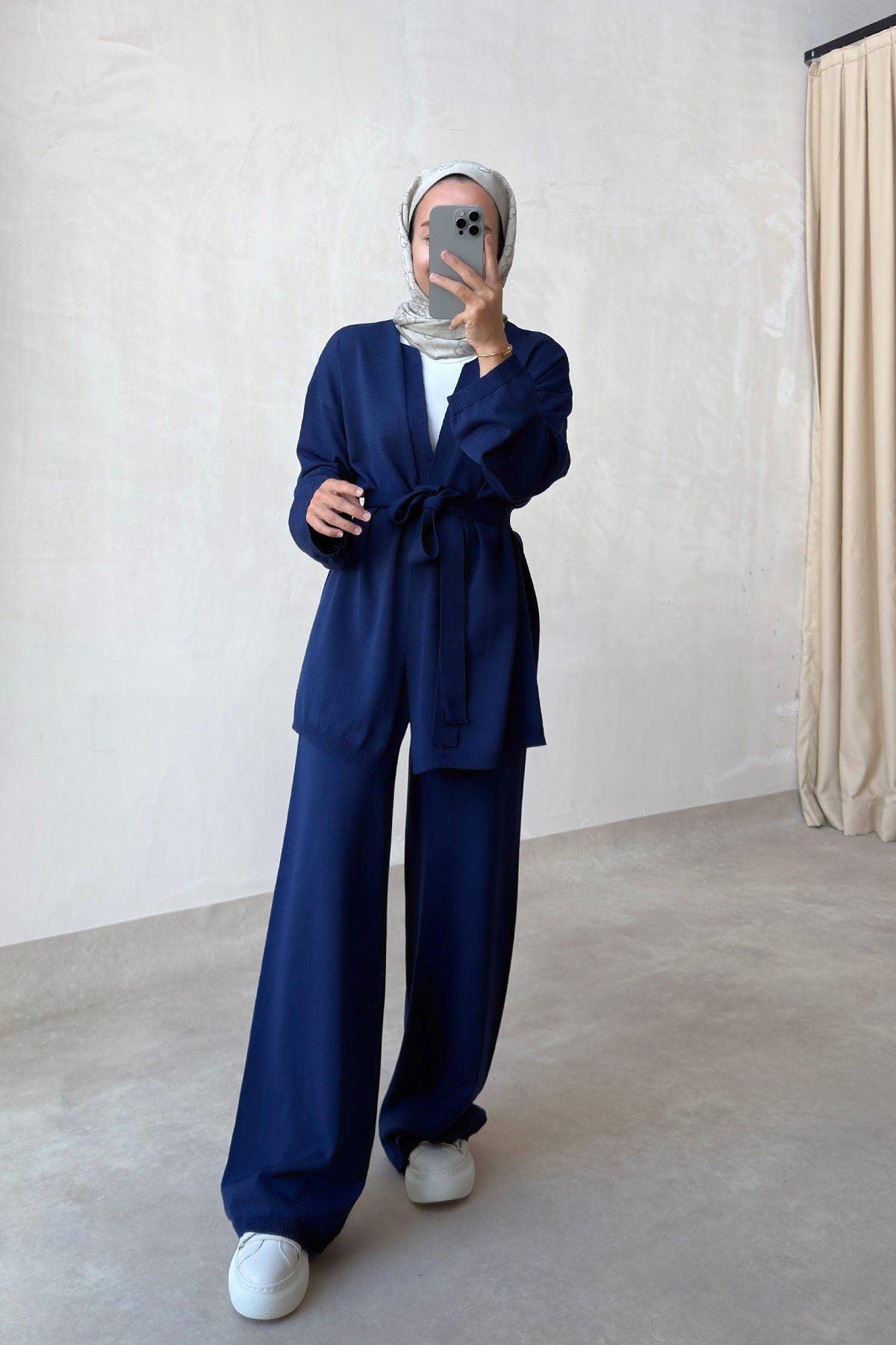 Premium Rayon Two-Piece Suit with Cardigan - Navy Blue