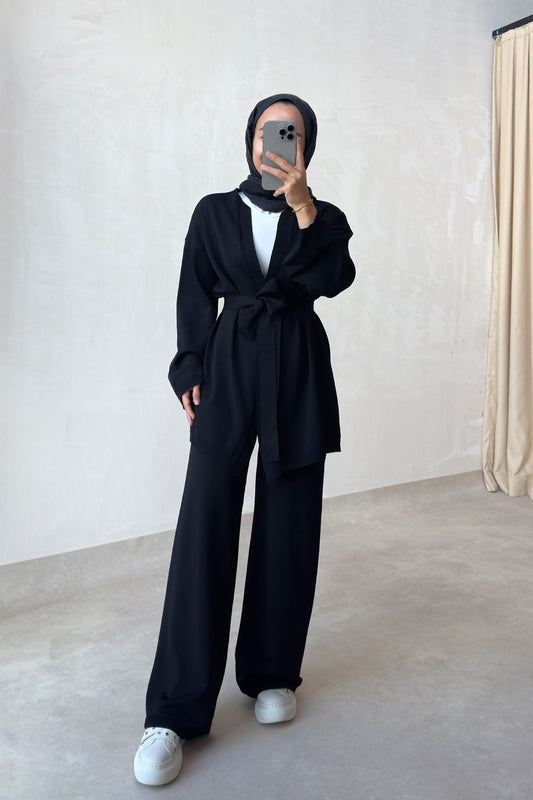 Premium Rayon Two-Piece Suit with Cardigan - Black