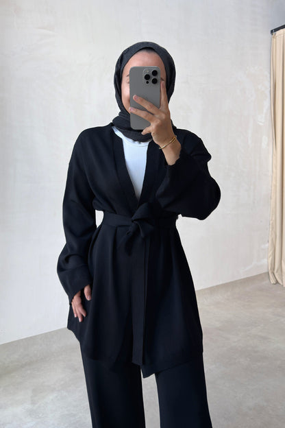 Premium Rayon Two-Piece Suit with Cardigan - Black