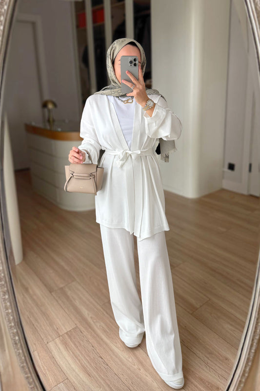 Premium Rayon Two-Piece Suit with Cardigan - White