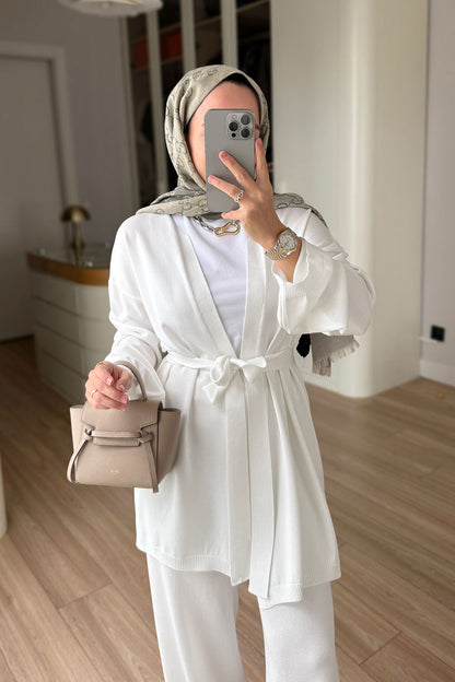 Premium Rayon Two-Piece Suit with Cardigan - White