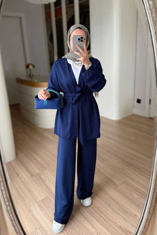 Premium Rayon Two-Piece Suit with Cardigan - Navy Blue