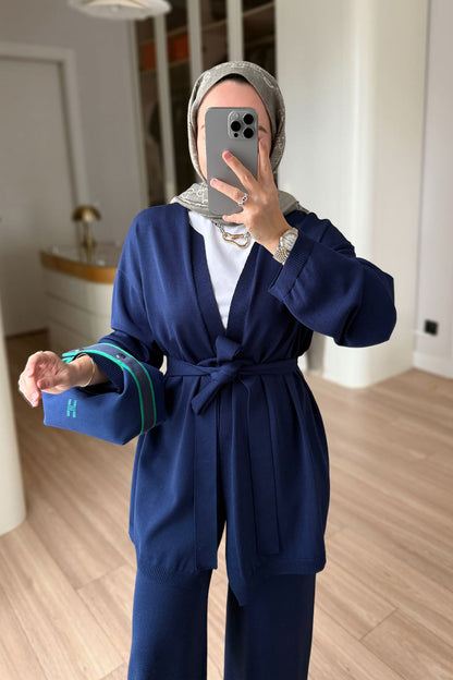 Premium Rayon Two-Piece Suit with Cardigan - Navy Blue