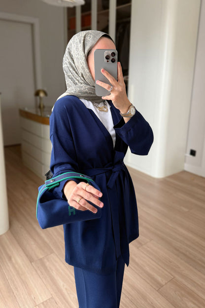 Premium Rayon Two-Piece Suit with Cardigan - Navy Blue