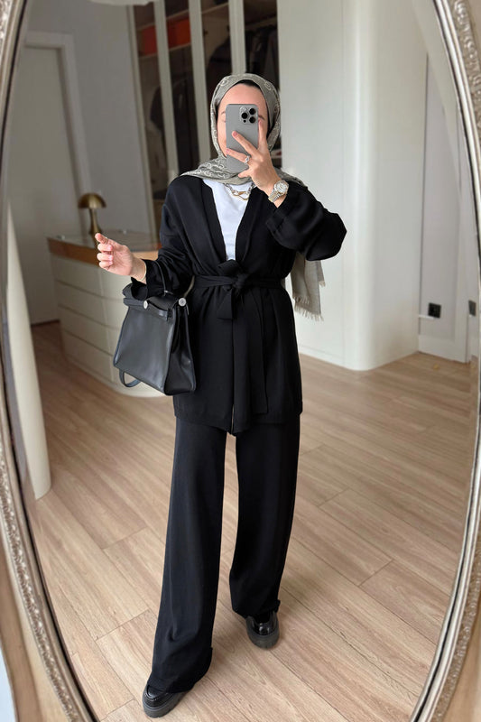 Premium Rayon Two-Piece Suit with Cardigan - Black