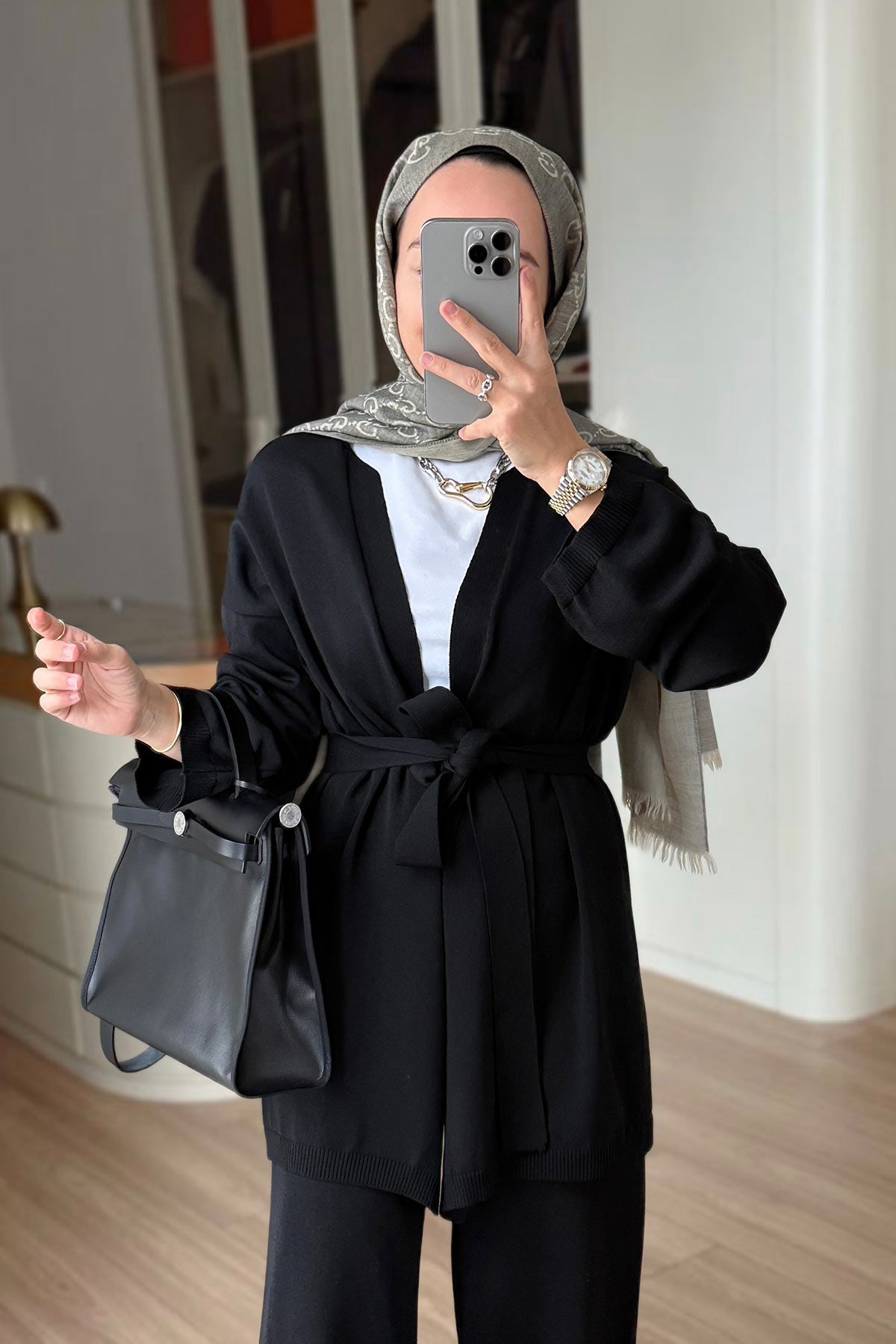 Premium Rayon Two-Piece Suit with Cardigan - Black