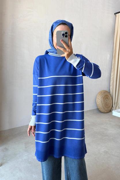 Bicycle Collar Striped Mercerized Tunic - Indigo