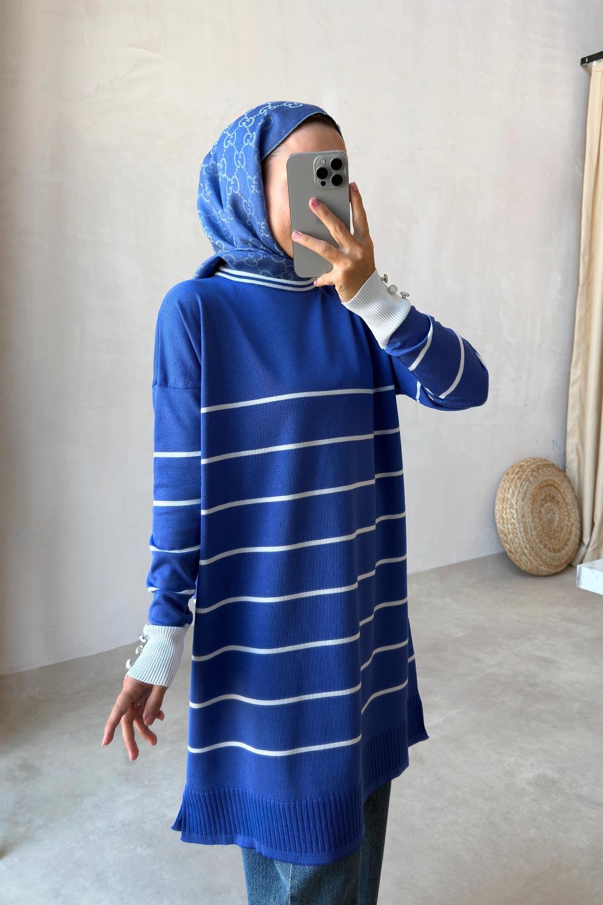 Bicycle Collar Striped Mercerized Tunic - Indigo