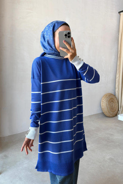 Bicycle Collar Striped Mercerized Tunic - Indigo