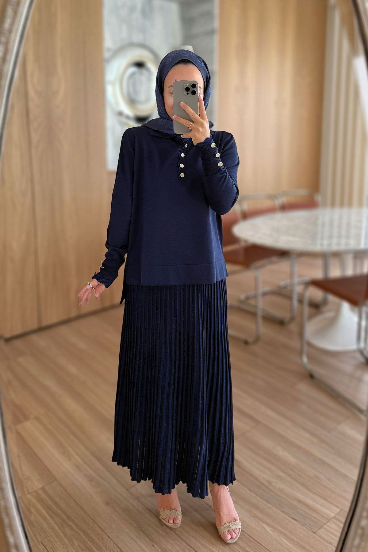 Shimmer Detail Skirted Mercerized Suit - Navy Blue
