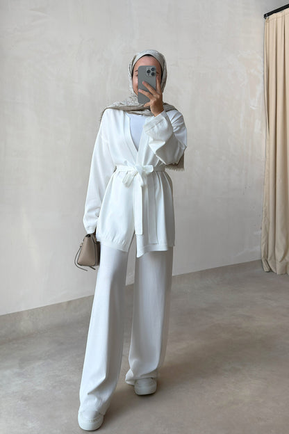 Premium Rayon Two-Piece Suit with Cardigan - White