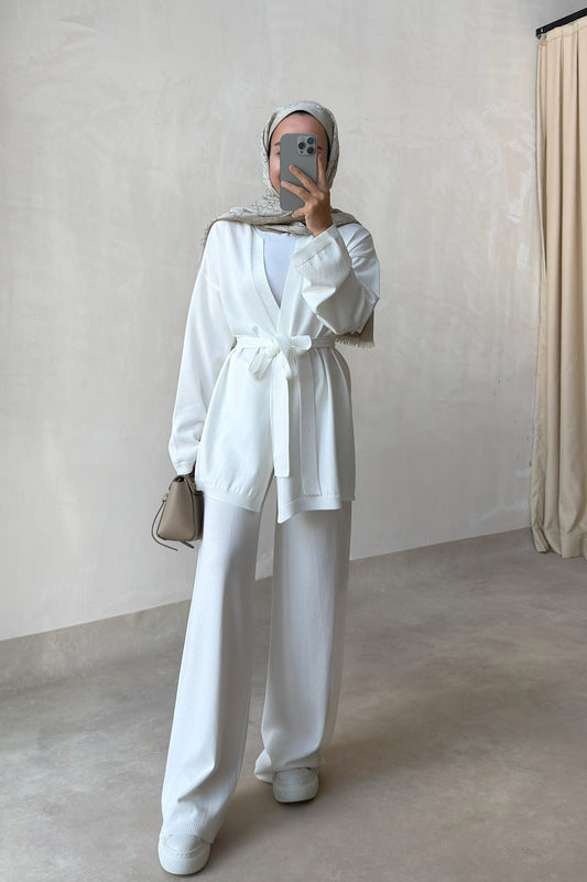 Premium Rayon Two-Piece Suit with Cardigan - White