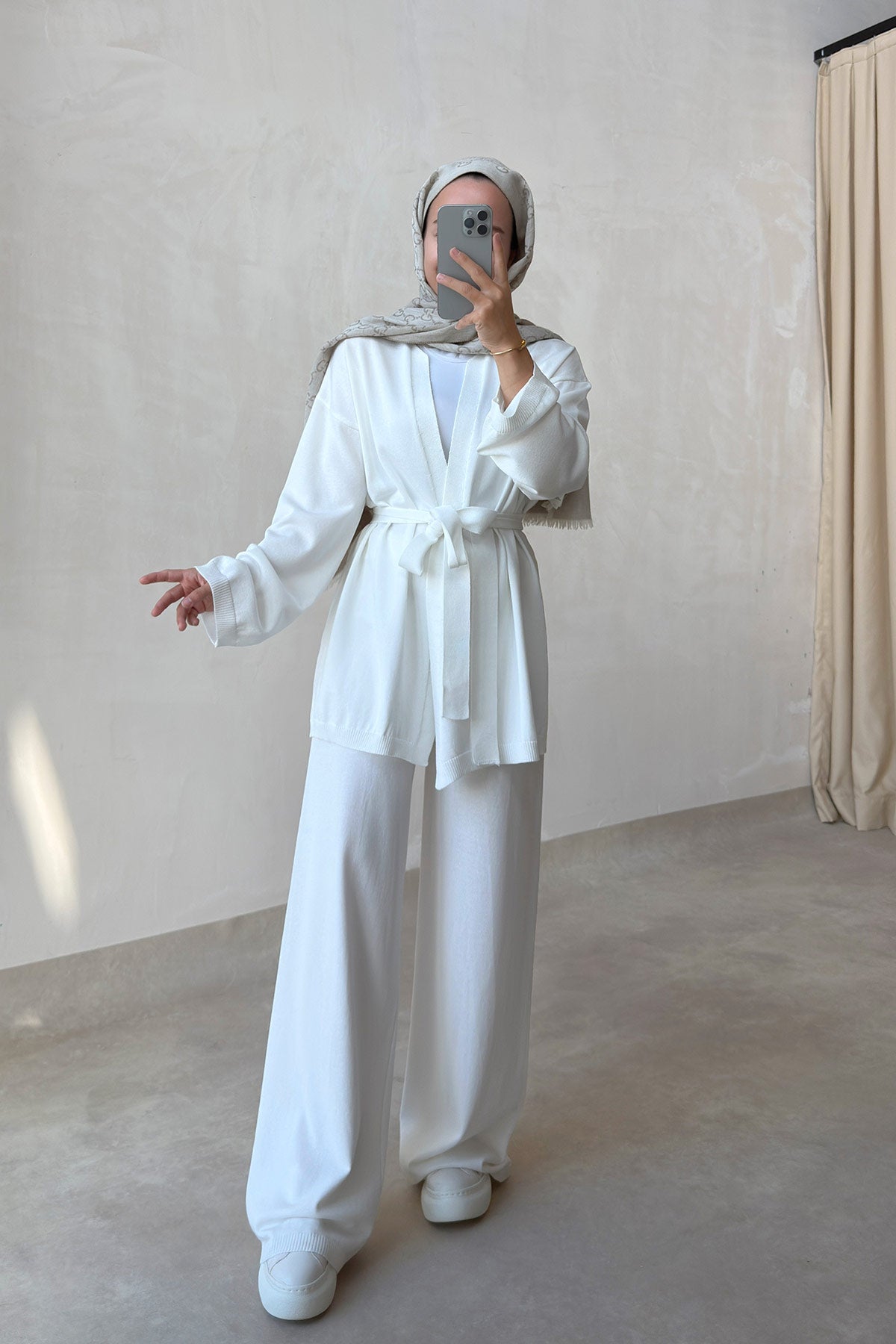 Premium Rayon Two-Piece Suit with Cardigan - White